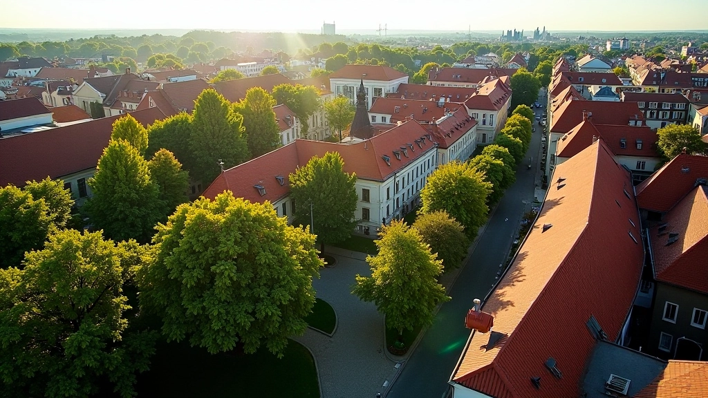 Vilniaus senamiestis nuo aukštai, medžiai, pastatai, romantiškas vaizdas
